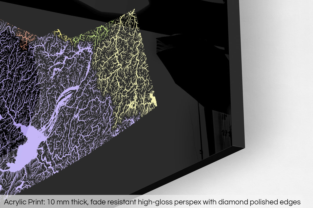 Closeup of an acrylic panel's corner, the details of a Grasshopper Geography map is visible. The text at the bottom reads: Acrylic print - 10 mm thick, fade reistant high-gloss perspex with diamond polished edges.