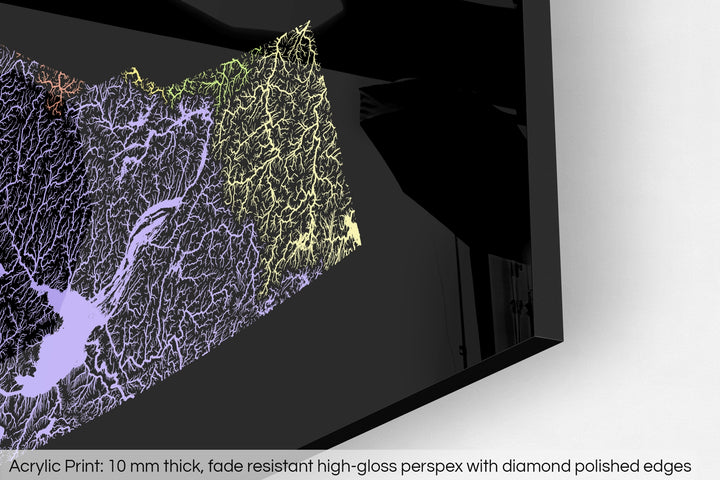 Closeup of an acrylic panel's corner, the details of a Grasshopper Geography map is visible. The text at the bottom reads: Acrylic print - 10 mm thick, fade reistant high-gloss perspex with diamond polished edges.