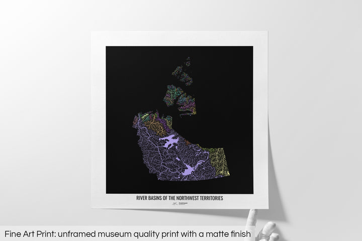 Unframed fine art print of a colourful map with a thick white mat. The title of the map and the Grasshopper Geography logo is printed on the mat, below the image. The map print lies flat on a white surface, a hand holding up one of the corners. The bottom text reads: Fine art print - unframed museum quality print with a matte finish.