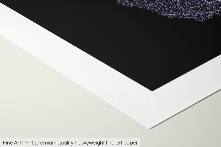 Closeup of a fine art print's corner lying on a flat surface, the details of a Grasshopper Geography map is visible. The text at the bottom reads: Fine art print - premium quality heavyweight fine art paper.