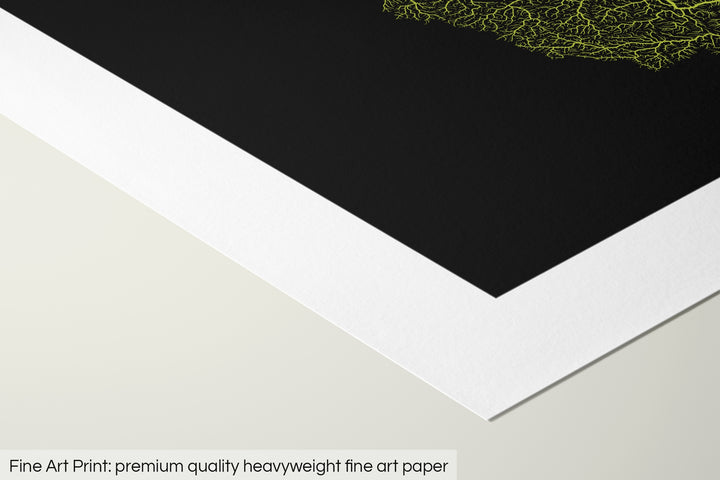 Closeup of a fine art print's corner lying on a flat surface, the details of a Grasshopper Geography map is visible. The text at the bottom reads: Fine art print - premium quality heavyweight fine art paper.
