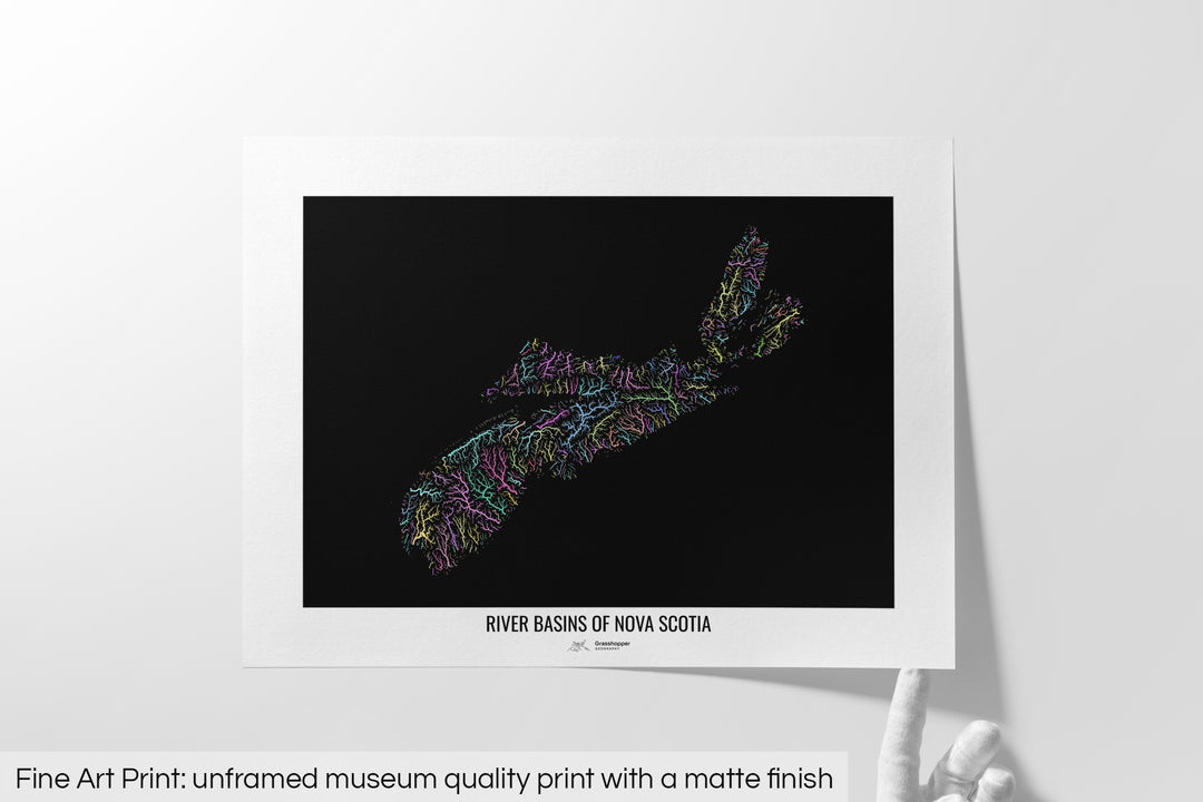 Unframed fine art print of a colourful map with a thick white mat. The title of the map and the Grasshopper Geography logo is printed on the mat, below the image. The map print lies flat on a white surface, a hand holding up one of the corners. The bottom text reads: Fine art print - unframed museum quality print with a matte finish.