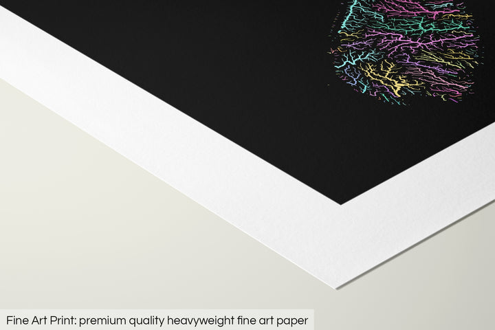 Closeup of a fine art print's corner lying on a flat surface, the details of a Grasshopper Geography map is visible. The text at the bottom reads: Fine art print - premium quality heavyweight fine art paper.