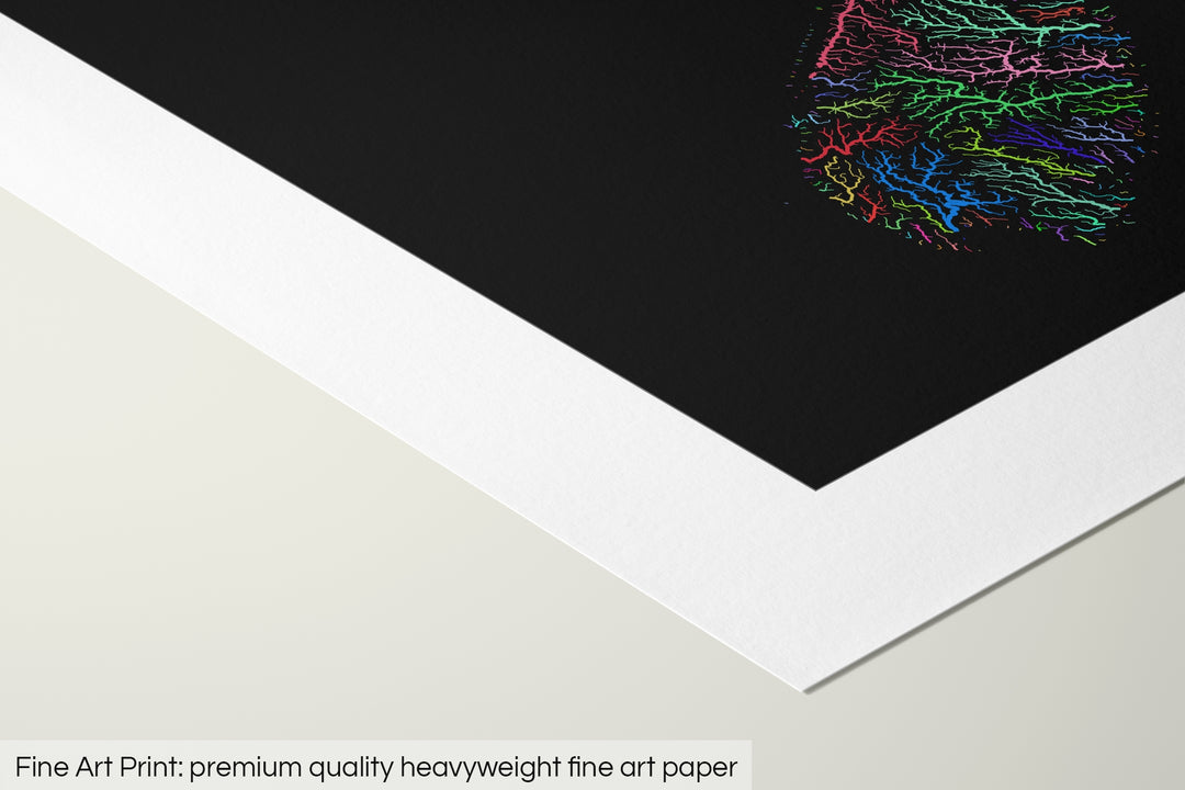 Closeup of a fine art print's corner lying on a flat surface, the details of a Grasshopper Geography map is visible. The text at the bottom reads: Fine art print - premium quality heavyweight fine art paper.