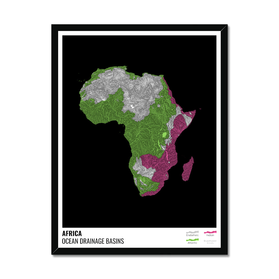 Африка - Карта океанического водосборного бассейна, черная с легендой, версия 1 - Рамочная печать