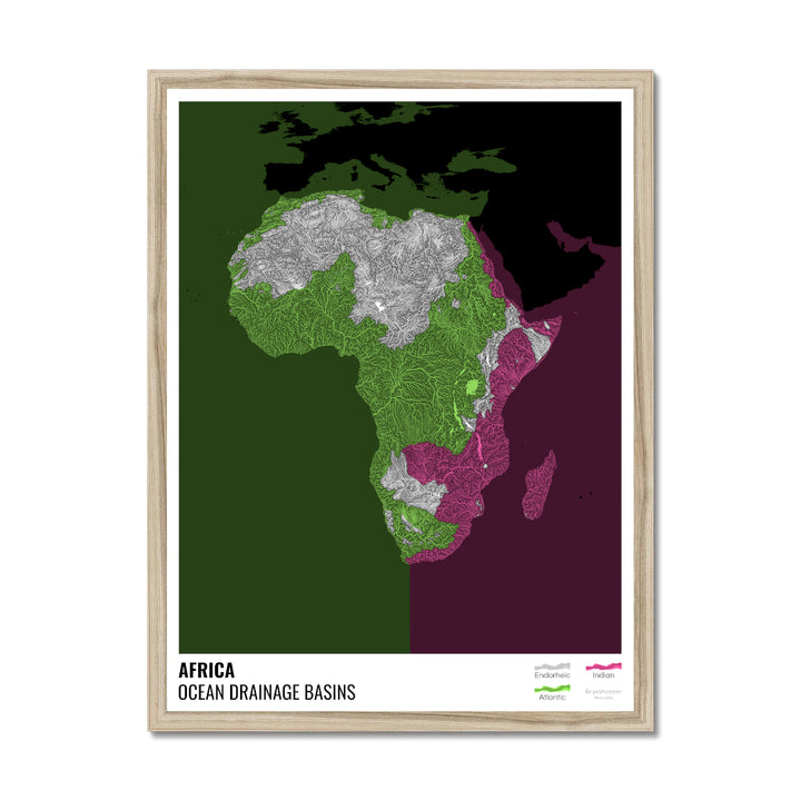 Африка - Карта океанического водосборного бассейна, черная с легендой, версия 2 - Рамочная печать