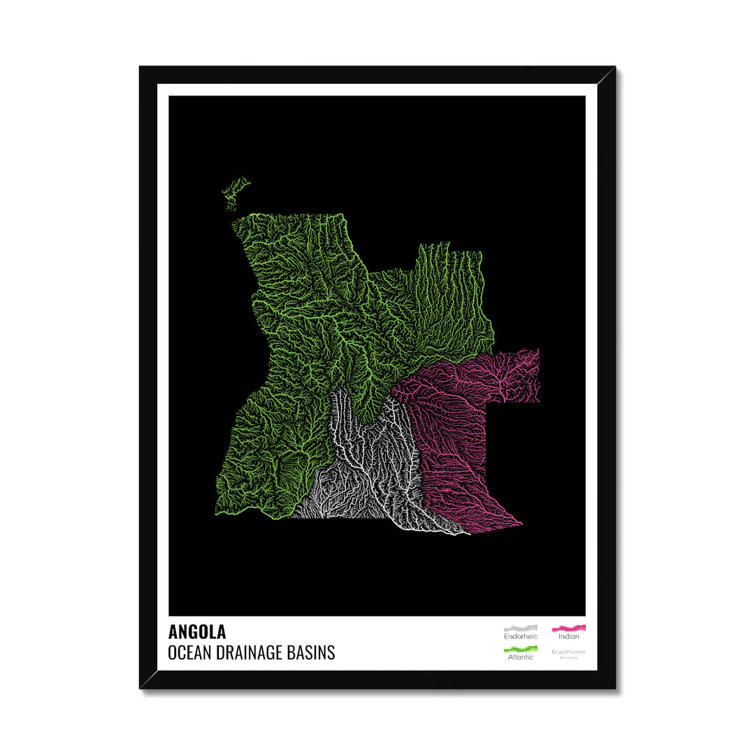 Ангола - Карта океанического водосборного бассейна, черная с легендой, версия 1 - Рамочная печать