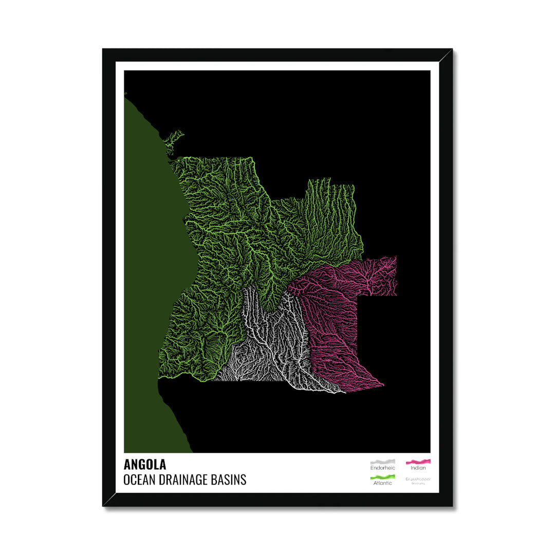 Ангола - Карта океанического водосборного бассейна, черная с легендой, версия 2 - Рамочная печать