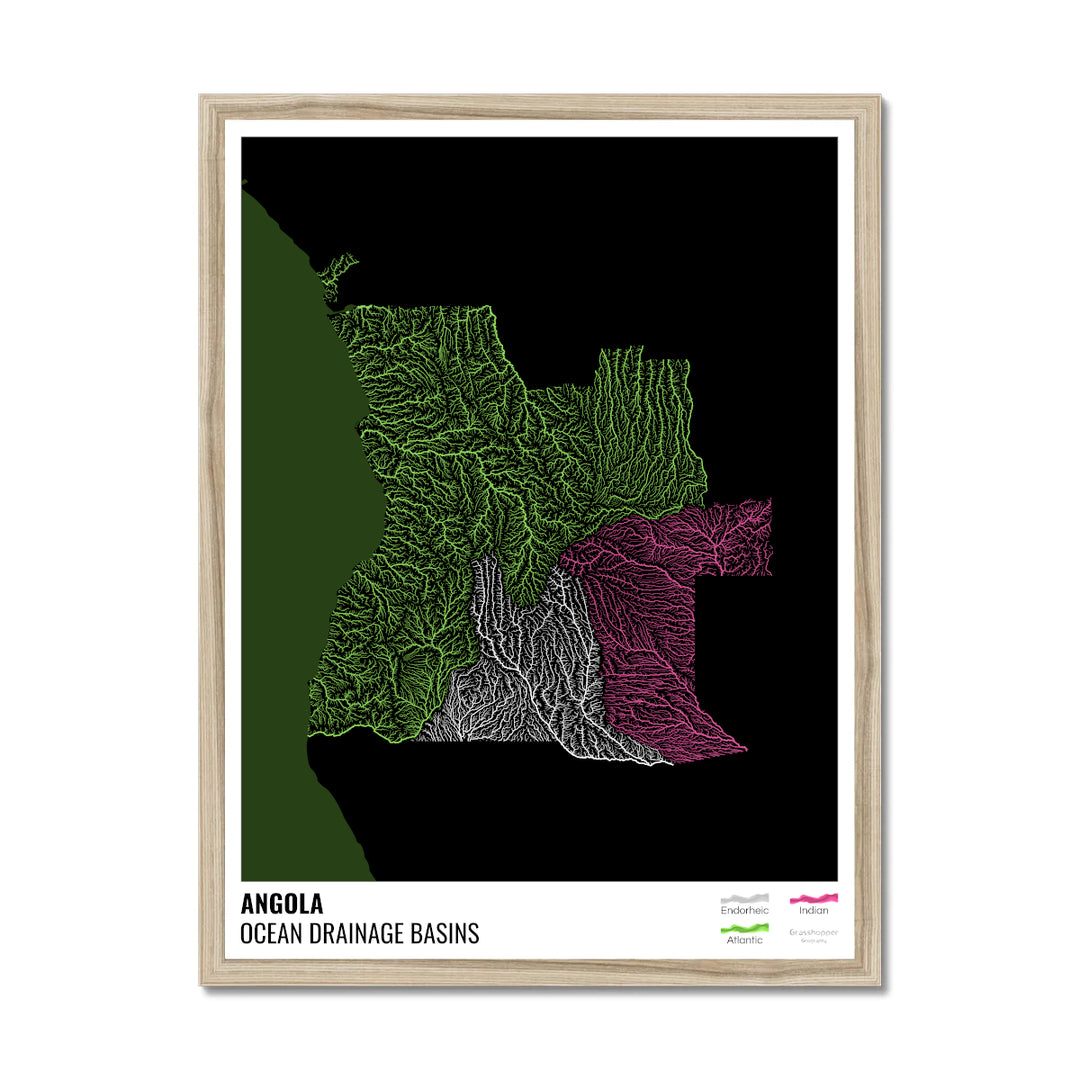 Ангола - Карта океанического водосборного бассейна, черная с легендой, версия 2 - Рамочная печать