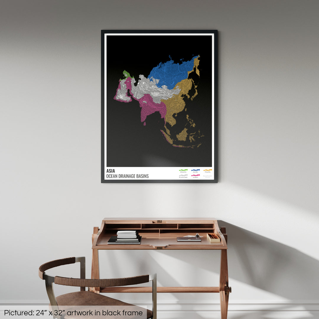 Asia - Mapa de la cuenca hidrográfica del océano, negro con leyenda v1 - Lámina enmarcada