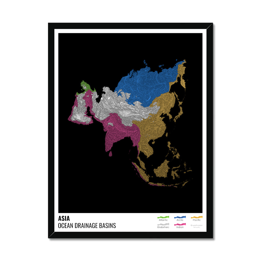 Asia - Mapa de la cuenca hidrográfica del océano, negro con leyenda v1 - Lámina enmarcada