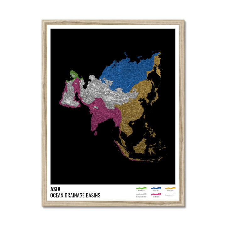 Asia - Mapa de la cuenca hidrográfica del océano, negro con leyenda v1 - Lámina enmarcada