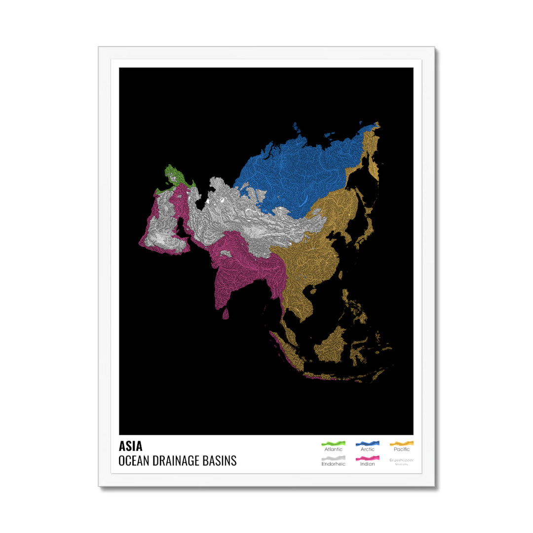Asia - Mapa de la cuenca hidrográfica del océano, negro con leyenda v1 - Lámina enmarcada