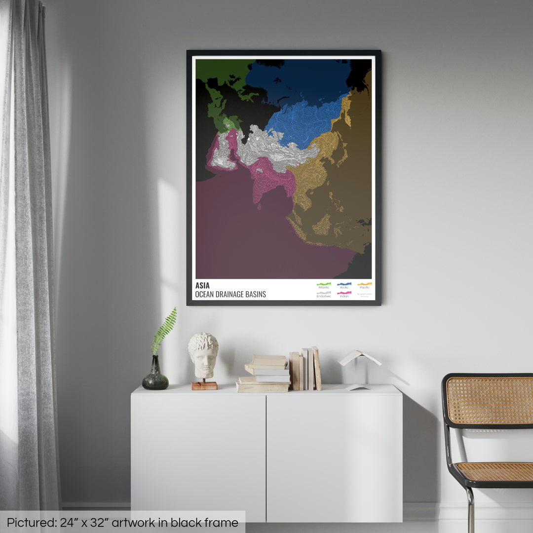 Asia - Mapa de la cuenca hidrográfica del océano, negro con leyenda v2 - Lámina enmarcada