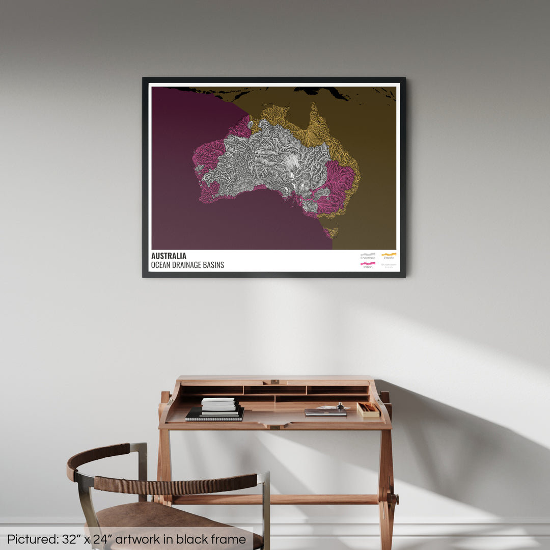 ऑस्ट्रेलिया - महासागर जल निकासी बेसिन मानचित्र, लेजेंड v2 के साथ काला - फ़्रेमयुक्त प्रिंट