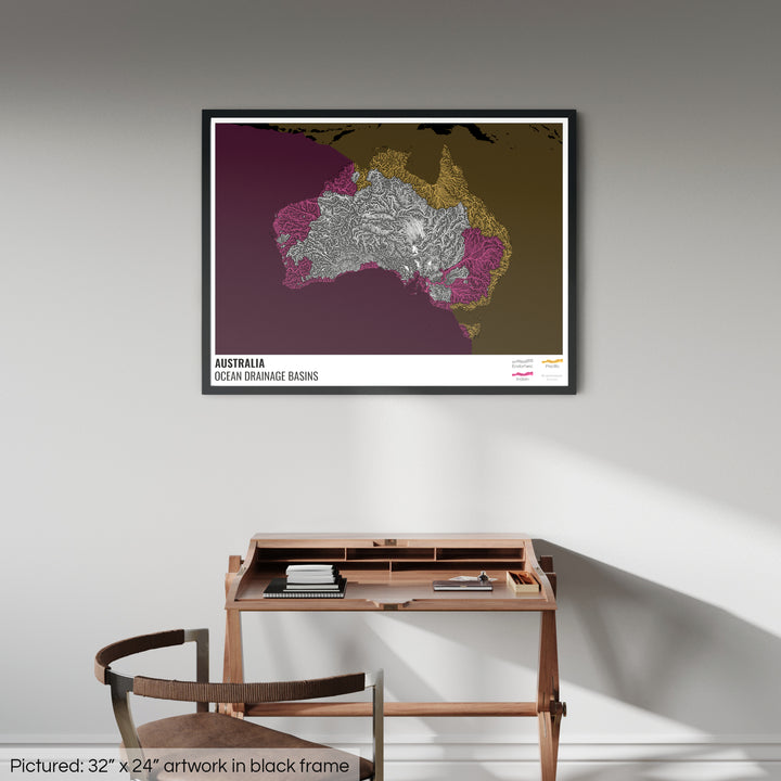 ऑस्ट्रेलिया - महासागर जल निकासी बेसिन मानचित्र, लेजेंड v2 के साथ काला - फ़्रेमयुक्त प्रिंट
