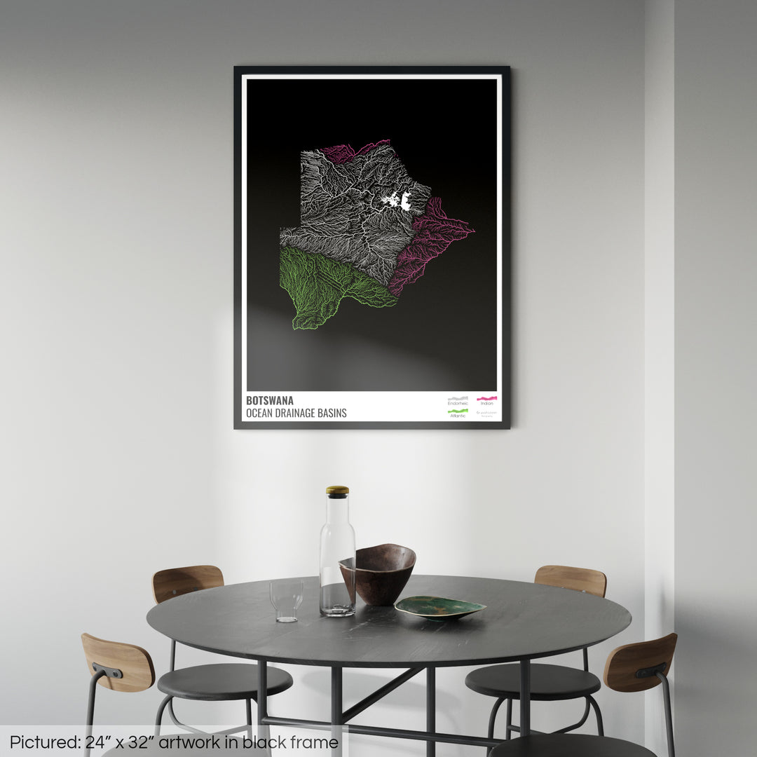 बोत्सवाना - महासागर जल निकासी बेसिन मानचित्र, लेजेंड v1 के साथ काला - फ़्रेमयुक्त प्रिंट