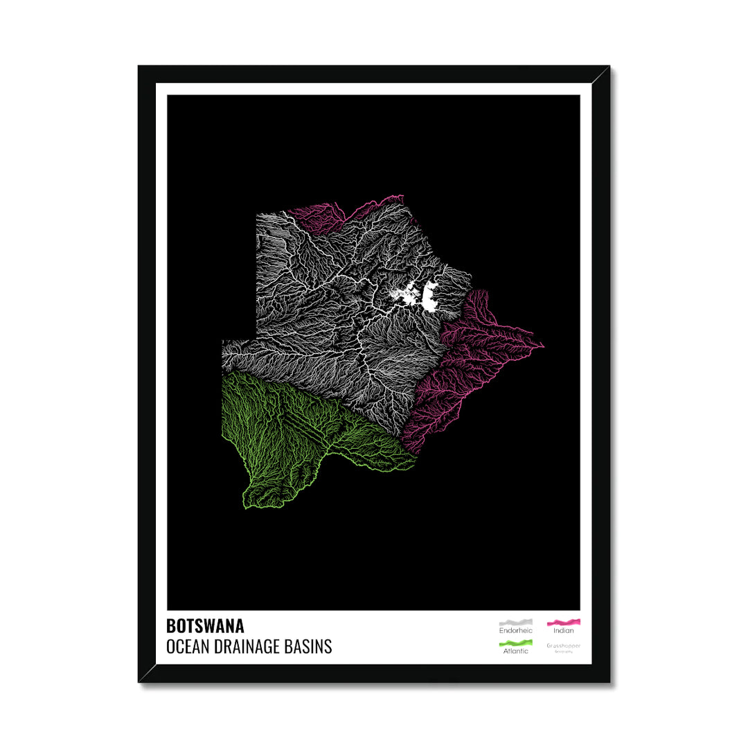 बोत्सवाना - महासागर जल निकासी बेसिन मानचित्र, लेजेंड v1 के साथ काला - फ़्रेमयुक्त प्रिंट