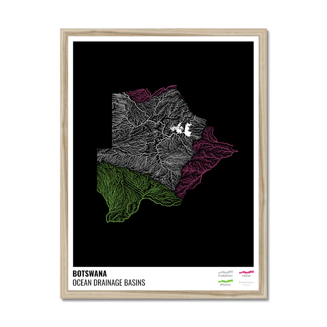 बोत्सवाना - महासागर जल निकासी बेसिन मानचित्र, लेजेंड v1 के साथ काला - फ़्रेमयुक्त प्रिंट