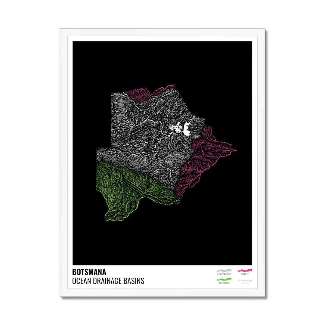 बोत्सवाना - महासागर जल निकासी बेसिन मानचित्र, लेजेंड v1 के साथ काला - फ़्रेमयुक्त प्रिंट