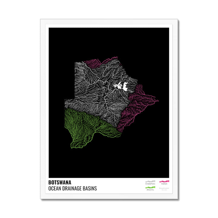 बोत्सवाना - महासागर जल निकासी बेसिन मानचित्र, लेजेंड v1 के साथ काला - फ़्रेमयुक्त प्रिंट