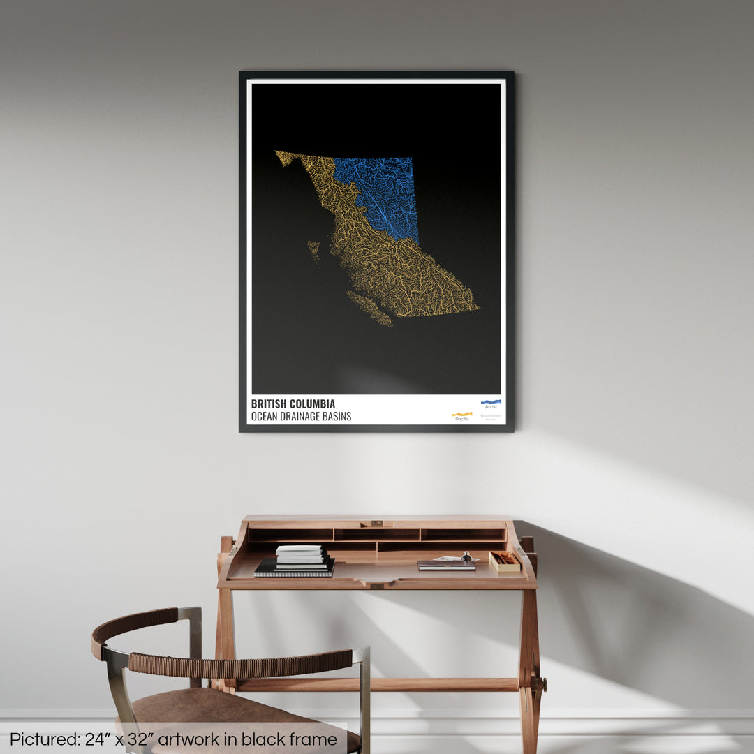 British Columbia - Ocean drainage basin map, black with legend v1 - Framed Print