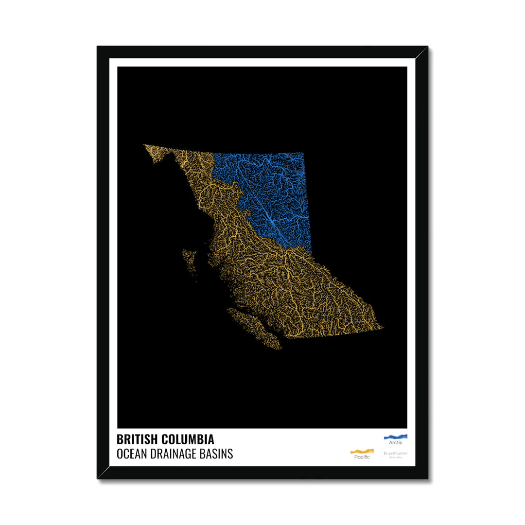 British Columbia - Ocean drainage basin map, black with legend v1 - Framed Print