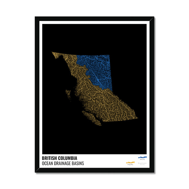 British Columbia - Ocean drainage basin map, black with legend v1 - Framed Print
