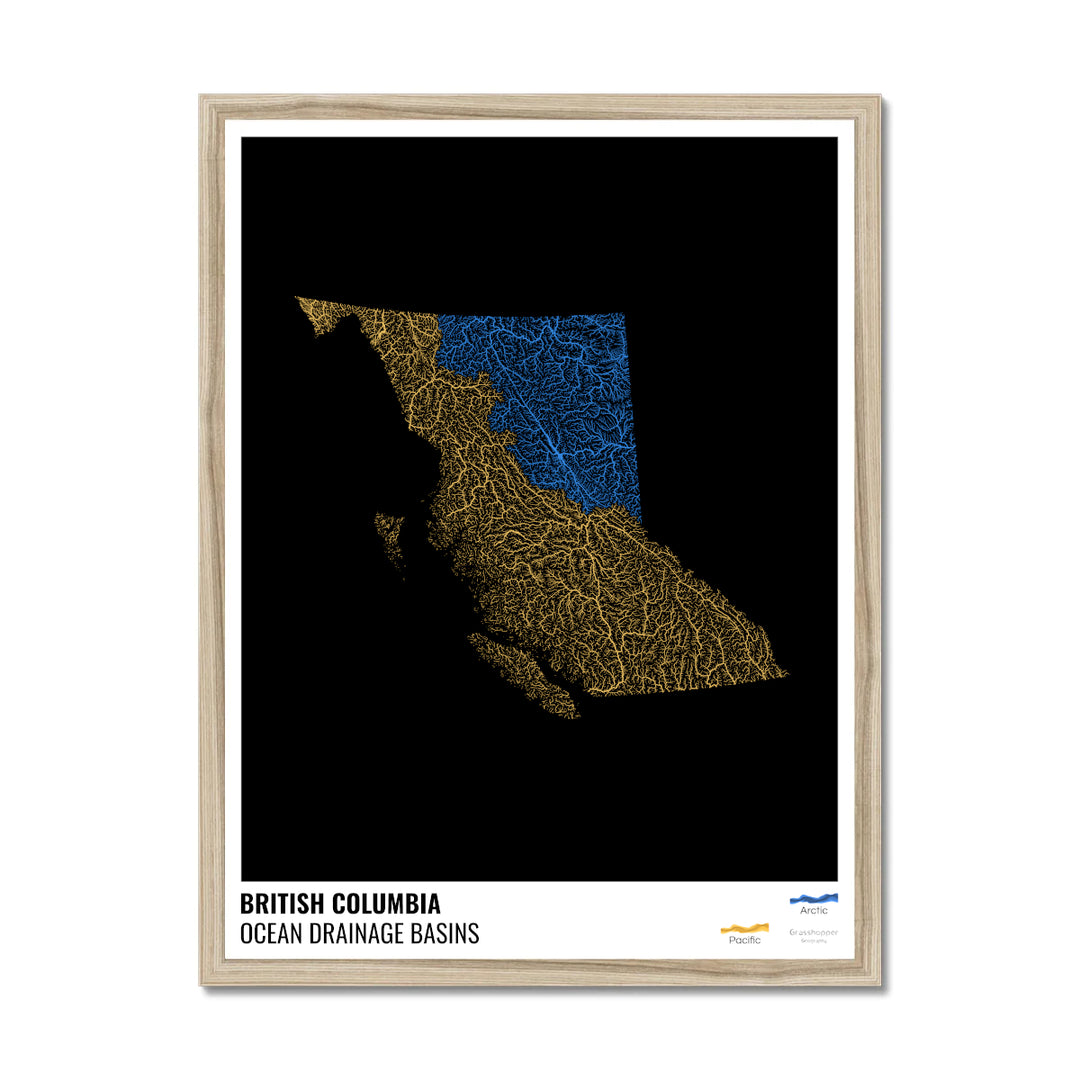 British Columbia - Ocean drainage basin map, black with legend v1 - Framed Print