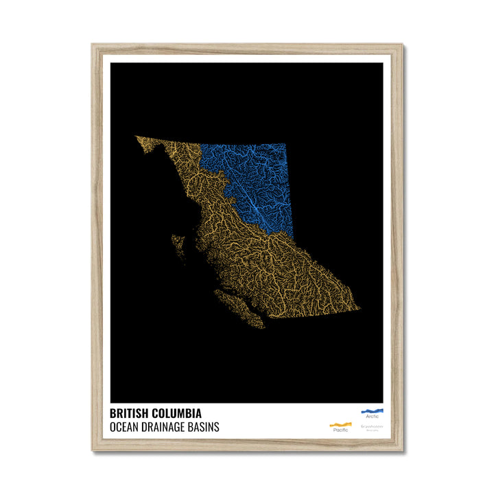 British Columbia - Ocean drainage basin map, black with legend v1 - Framed Print