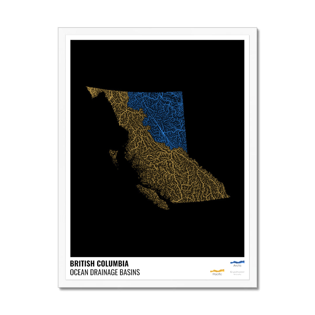 British Columbia - Ocean drainage basin map, black with legend v1 - Framed Print
