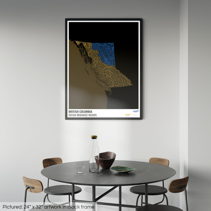 British Columbia - Ocean drainage basin map, black with legend v2 - Framed Print