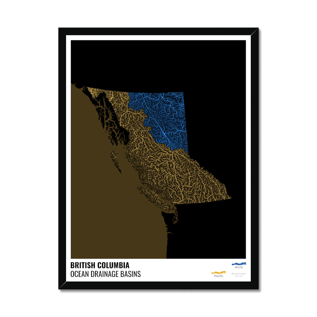 British Columbia - Ocean drainage basin map, black with legend v2 - Framed Print