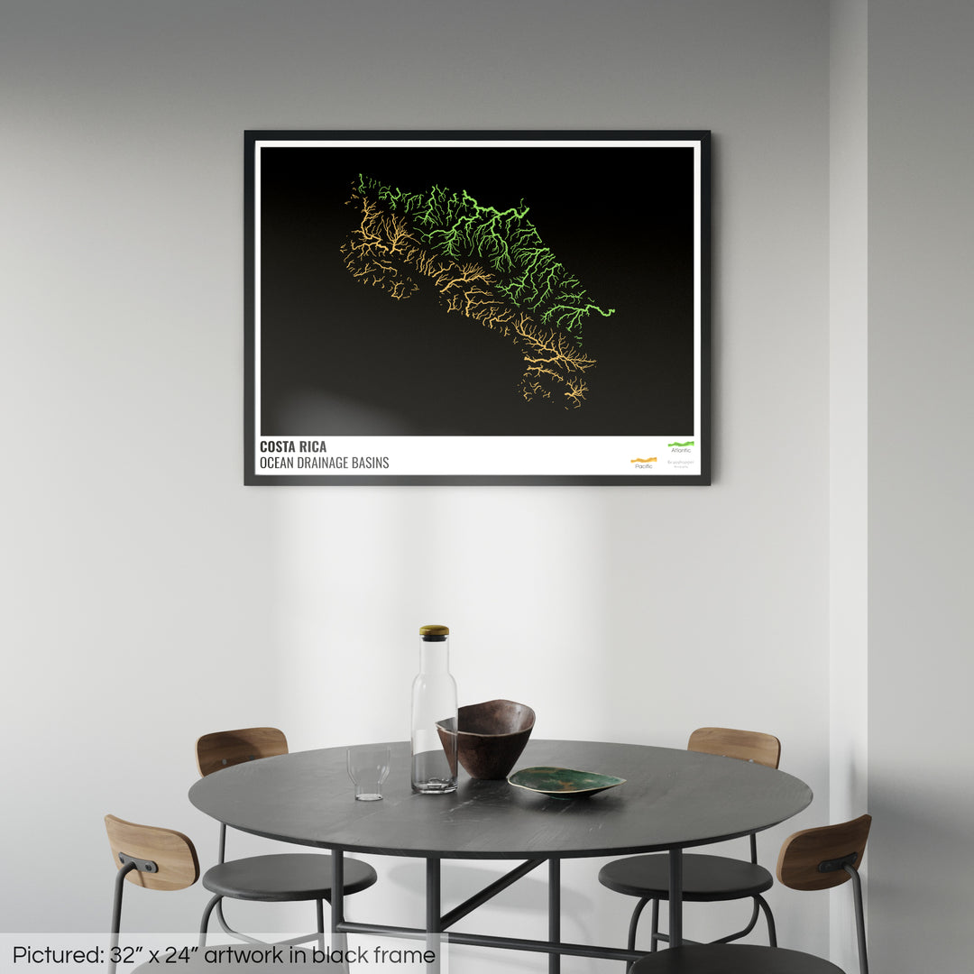 Коста-Рика — Карта океанического водосборного бассейна, черная с легендой, версия 1 — Рамочная печать
