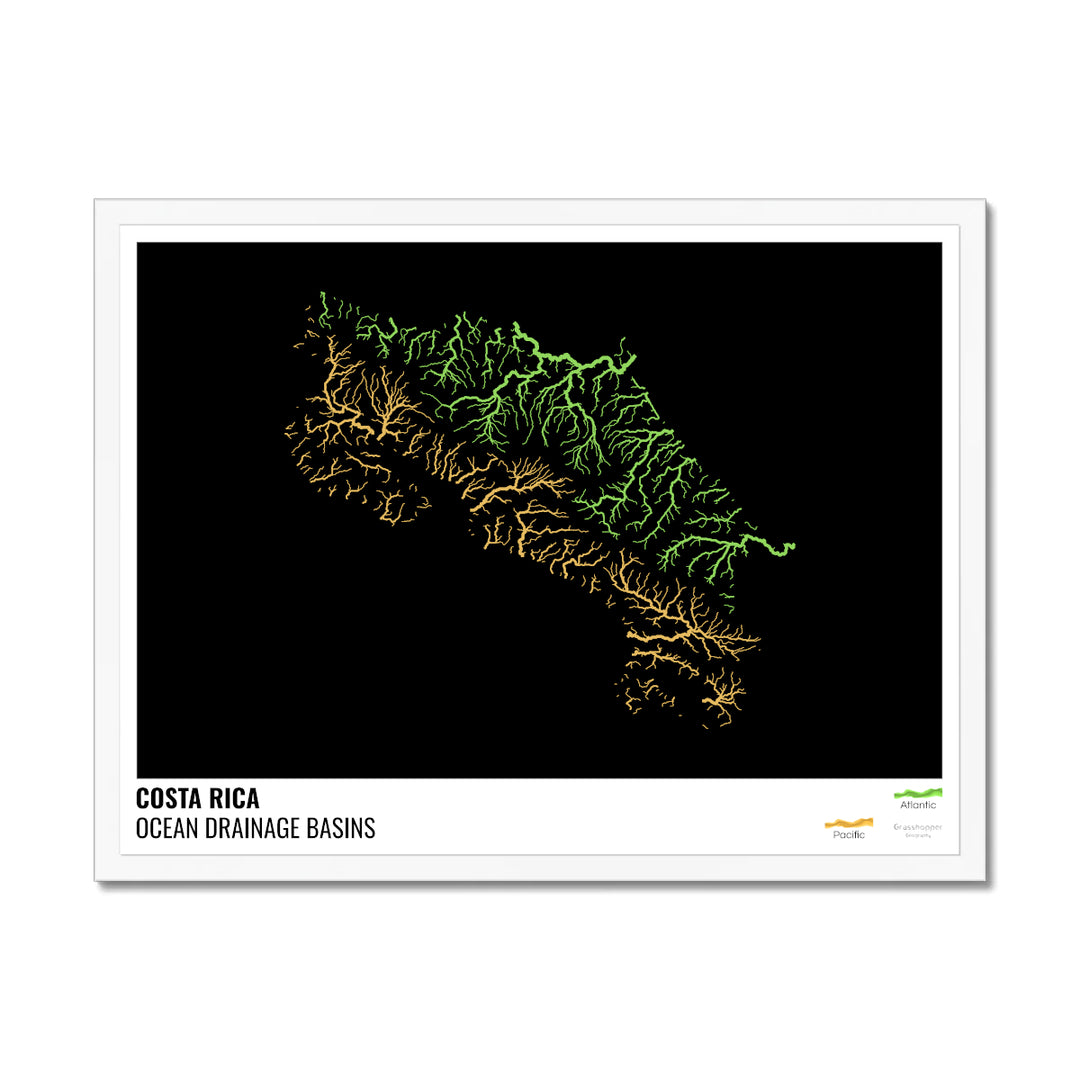 Коста-Рика — Карта океанического водосборного бассейна, черная с легендой, версия 1 — Рамочная печать