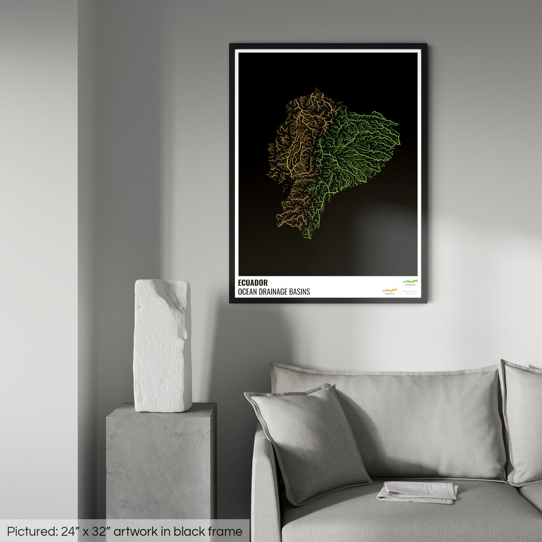 Ecuador - Ocean drainage basin map, black with legend v1 - Framed Print