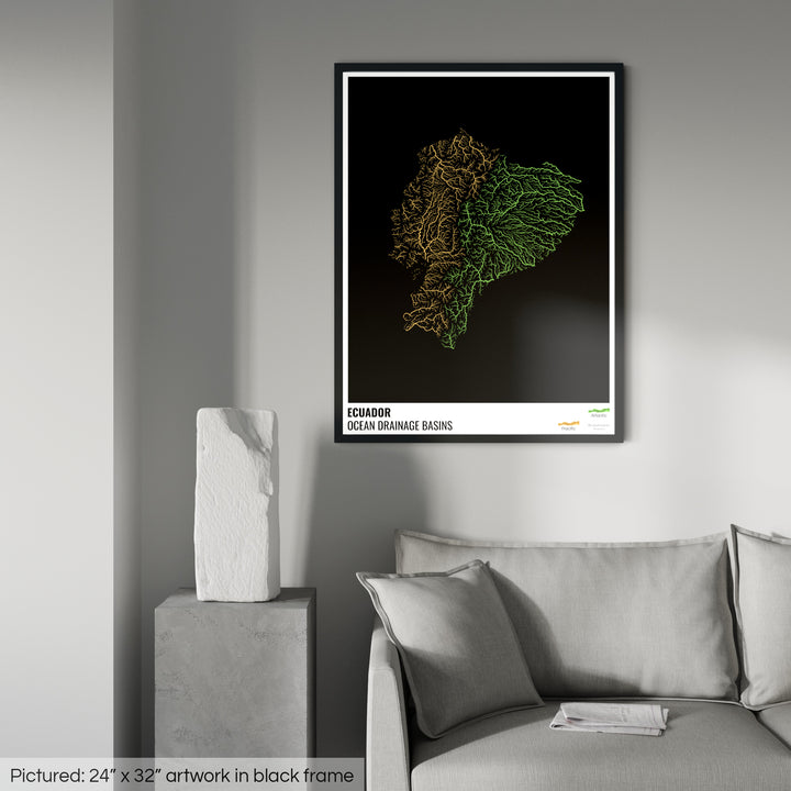 Ecuador - Ocean drainage basin map, black with legend v1 - Framed Print