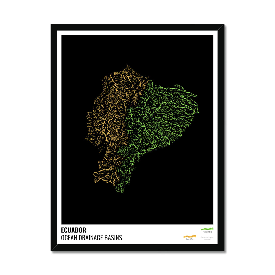 Ecuador - Ocean drainage basin map, black with legend v1 - Framed Print