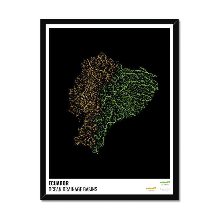 Ecuador - Ocean drainage basin map, black with legend v1 - Framed Print