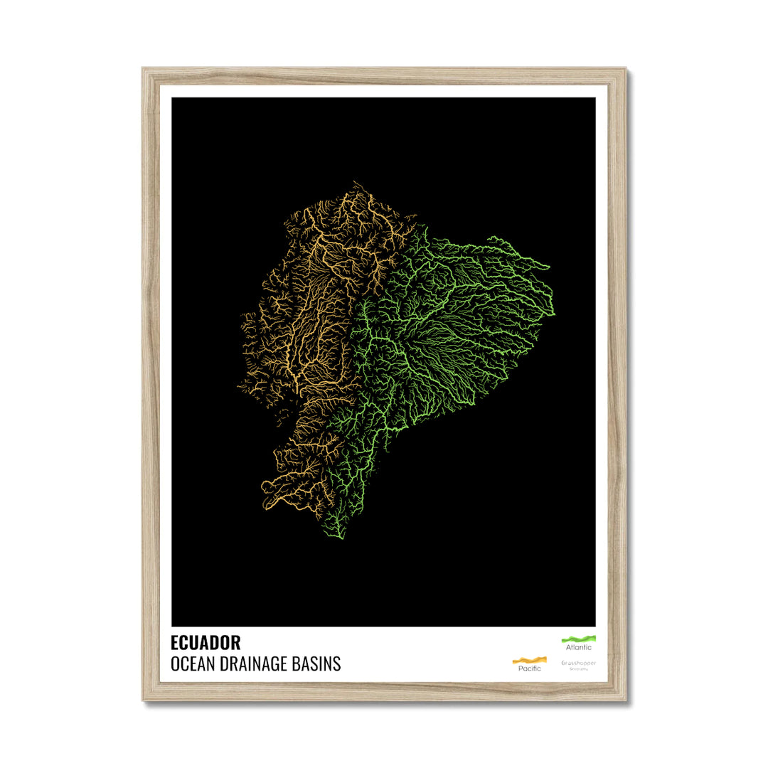 Ecuador - Ocean drainage basin map, black with legend v1 - Framed Print