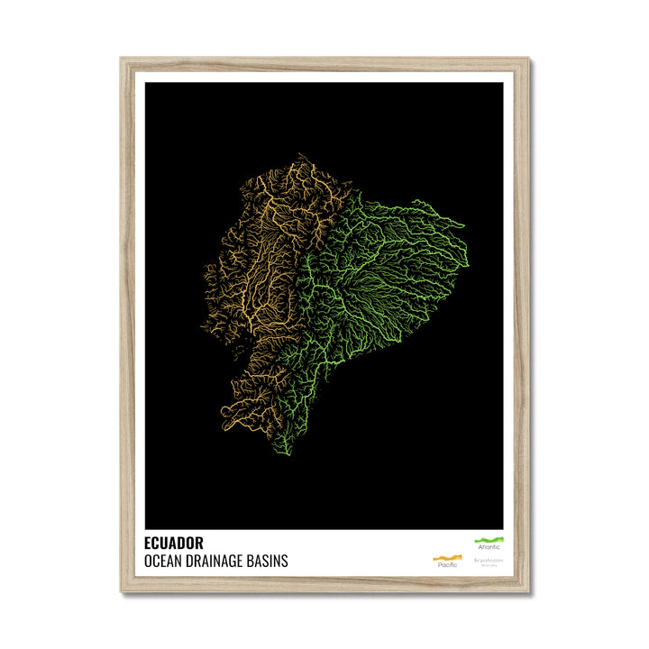 Ecuador - Ocean drainage basin map, black with legend v1 - Framed Print