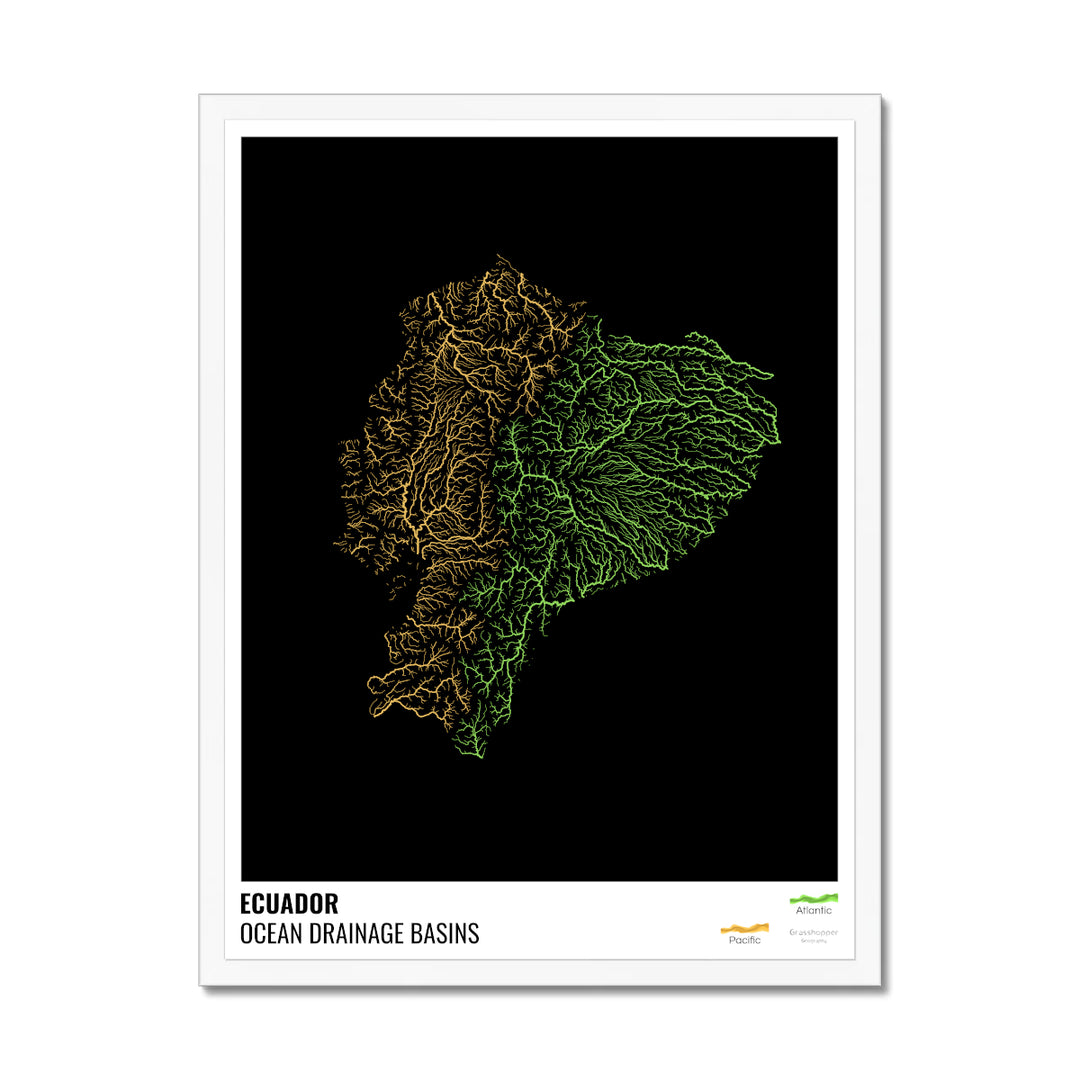 Ecuador - Ocean drainage basin map, black with legend v1 - Framed Print