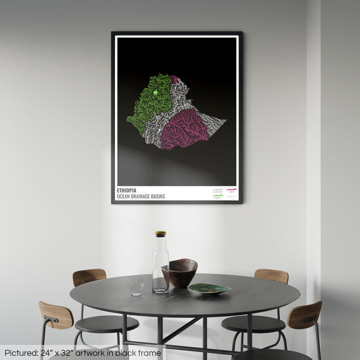 Éthiopie - Carte du bassin versant océanique, noire avec légende v1 - Impression encadrée