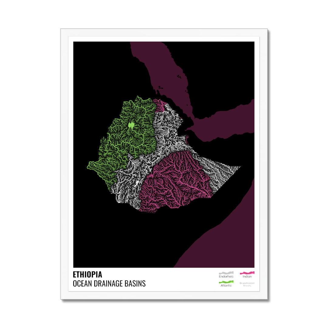 Эфиопия - Карта океанического водосборного бассейна, черная с легендой, версия 2 - Рамочная печать
