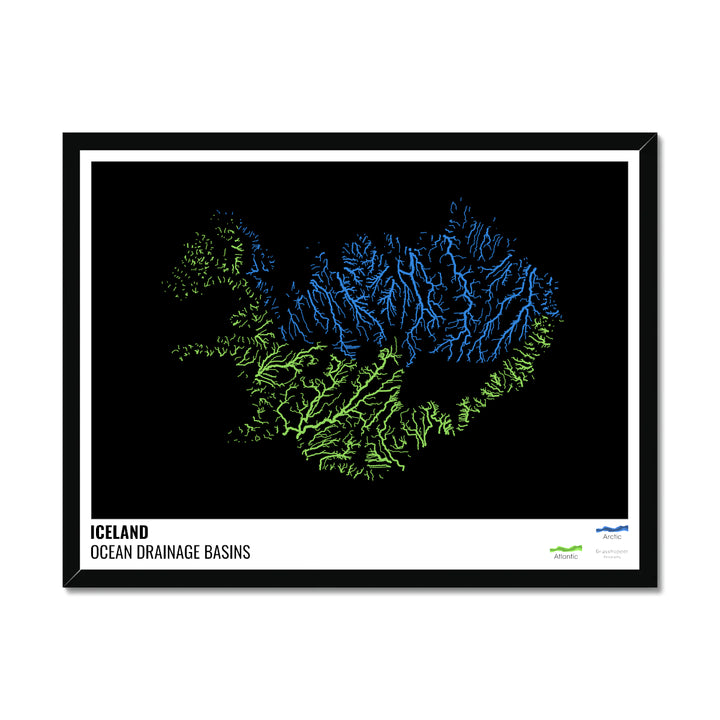 आइसलैंड - महासागर जल निकासी बेसिन मानचित्र, लेजेंड v1 के साथ काला - फ़्रेमयुक्त प्रिंट