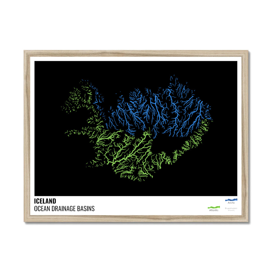 आइसलैंड - महासागर जल निकासी बेसिन मानचित्र, लेजेंड v1 के साथ काला - फ़्रेमयुक्त प्रिंट