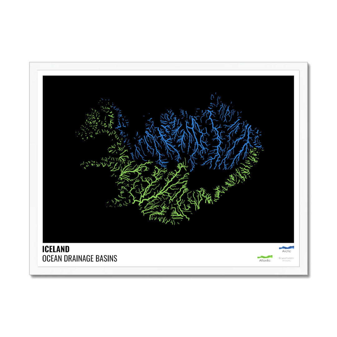 आइसलैंड - महासागर जल निकासी बेसिन मानचित्र, लेजेंड v1 के साथ काला - फ़्रेमयुक्त प्रिंट