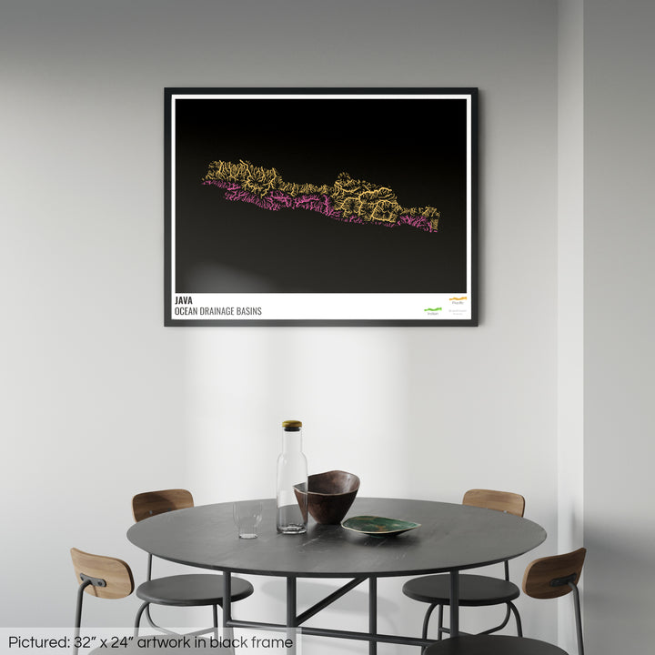 Java - Mapa de la cuenca de drenaje oceánico, negro con leyenda v1 - Lámina enmarcada