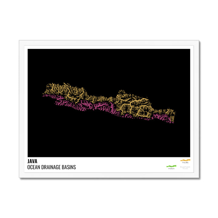 Java - Mapa de la cuenca de drenaje oceánico, negro con leyenda v1 - Lámina enmarcada
