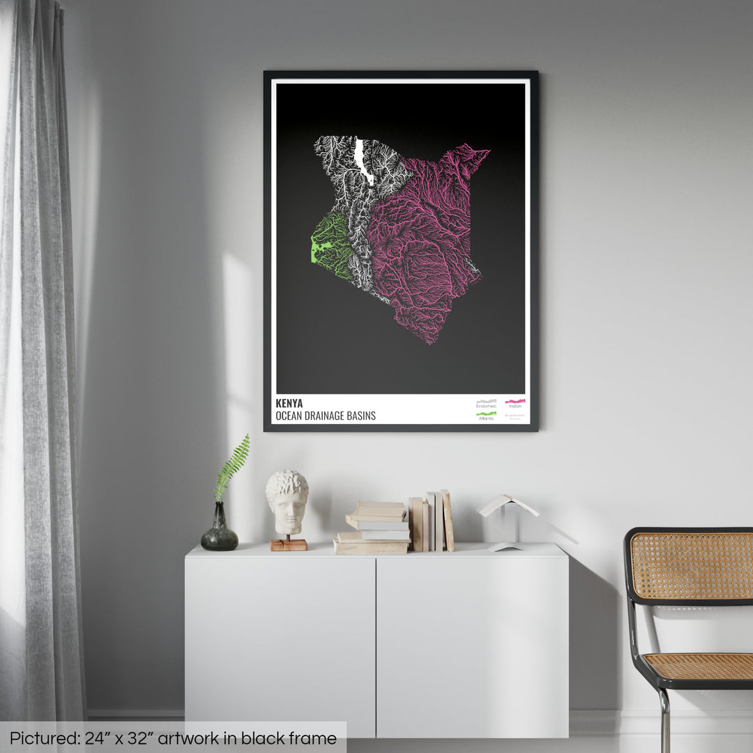 Kenia - Mapa de la cuenca hidrográfica del océano, negro con leyenda v1 - Lámina enmarcada